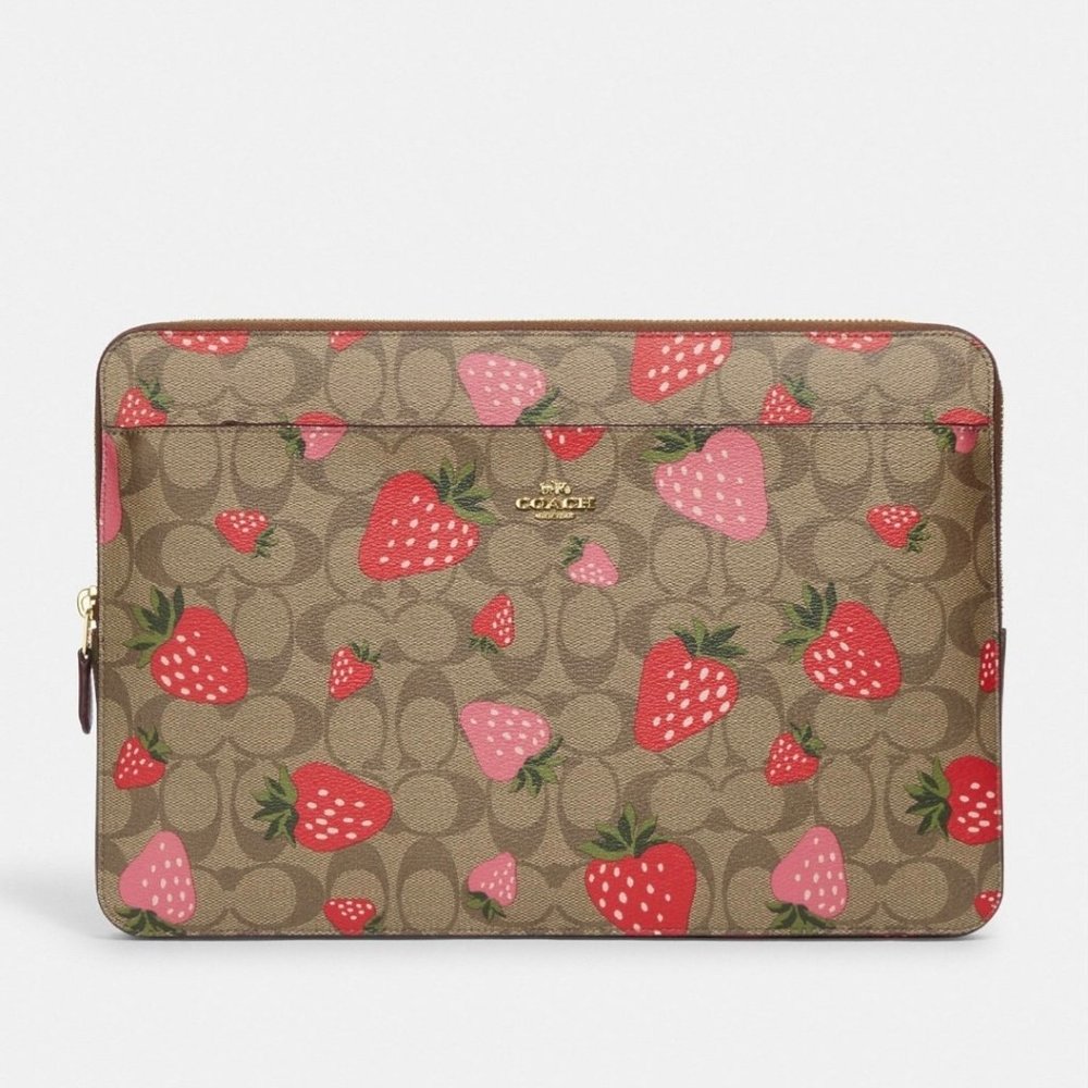 Coach Laptop Sleeve In Signature Canvas With Wild Strawberry Print - CH833
